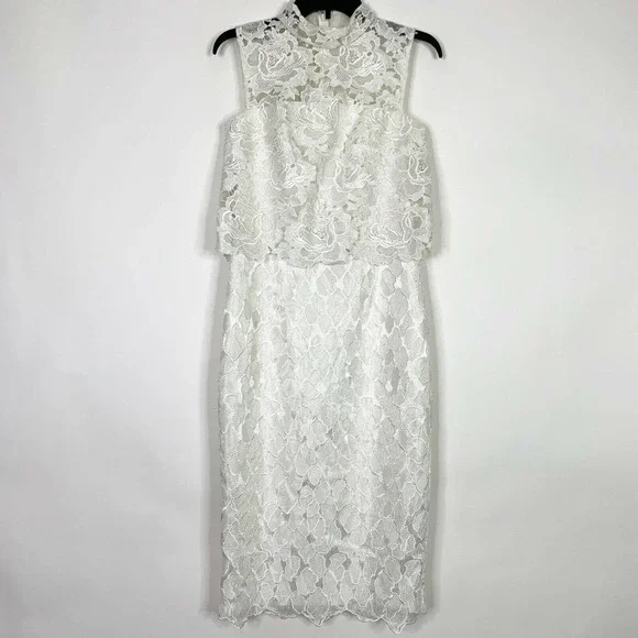Monique Lhuillier Dress 4 Wht Lace Cocktail High Neck Structured 444209 NWT $598 - Picture 2 of 12